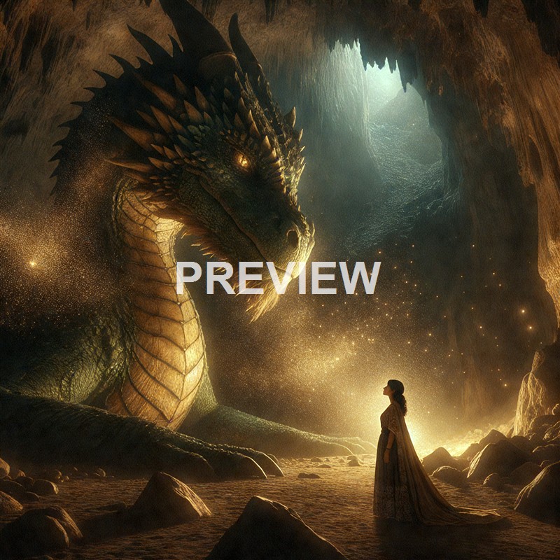 A woman dressed in historical attire stands inside a cavernous space illuminated by a glowing, majestic dragon with shimmering scales and a wise, ancient presence.